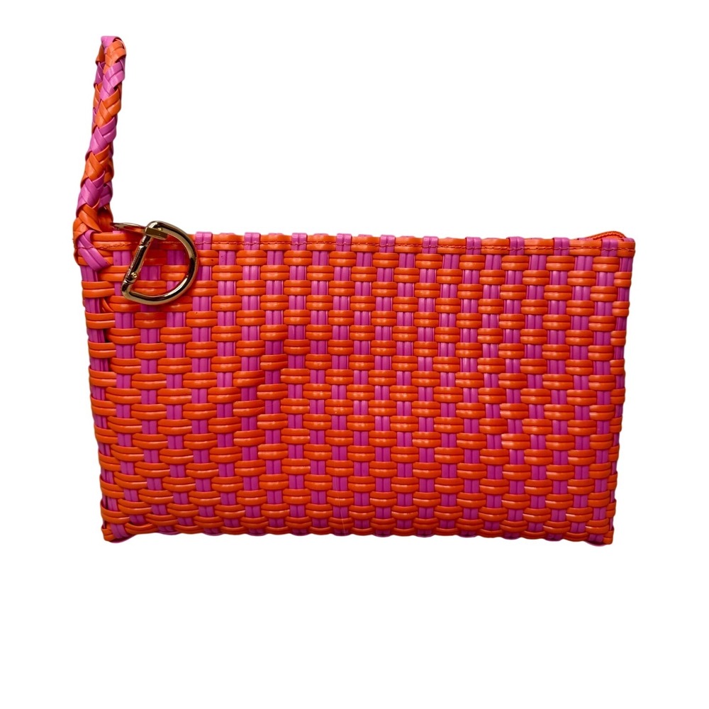 Woven Wristlet Clutch Bag Orange Pink Checkered Basket Weave Gold‎ Hardware